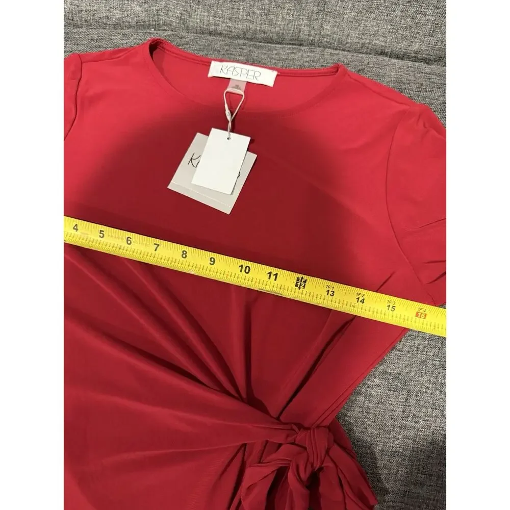 NWT Kasper Fire Red Midi Sheath Dress 3/4 Sleeve Side Tie Stretchy XS Romantic